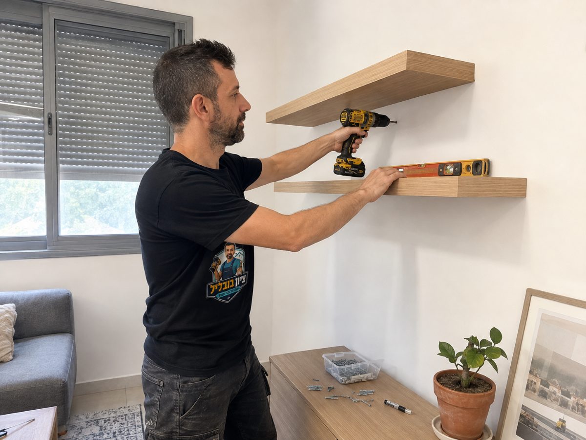 גבר בחולצה שחורה קודח בקיר לבן ממש מתחת למדף צף מעץ בהיר, כשידו השנייה על מדף צף נוסף שמונח עליו פלס. על השידה שמתחת עומדת קופסה של ברגים ודיבלים, ולידה דיבלים וטוש סימון