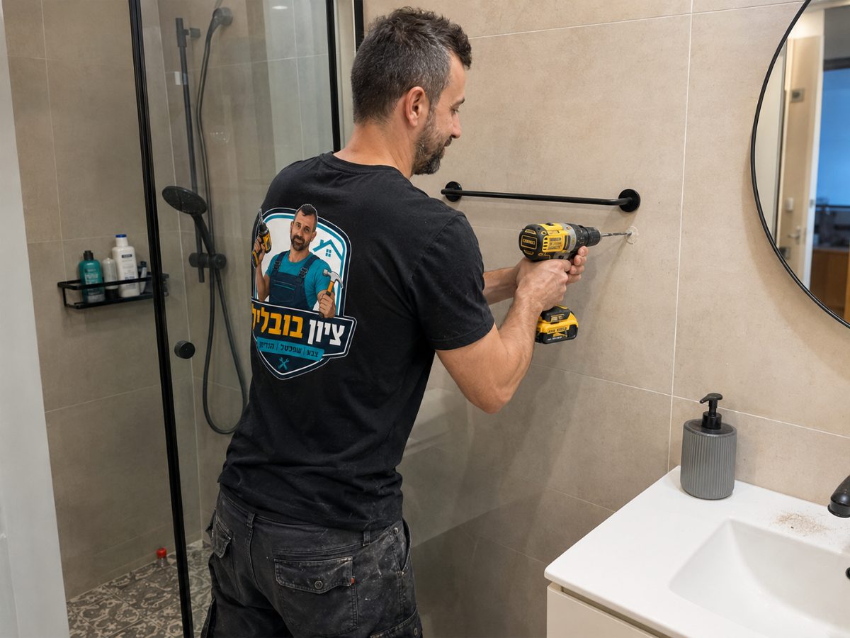 קיר חדר רחצה מחופה אריחים גדולים, מקדחה קודחת באריח ליד מתלה מגבת, ומראה עגולה תלויה בצד